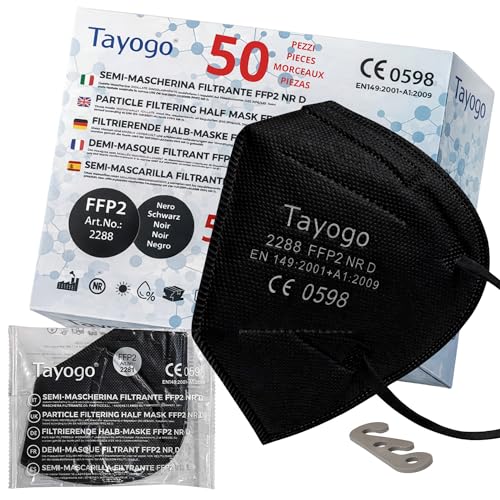 Tayogo 50 Mascherine FFP2 Nere Certificate CE 2797 – 5 Strati, Filtrazione ≥99,5% – Anallergiche, Comode, Prive di Odore – Mascherina Nera Ultra Confortevole Confezionate Singolarmente + Gancio
