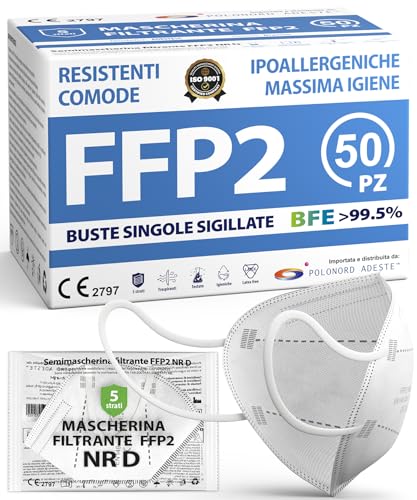 ADESTE - 50 Mascherine FFP2 NR D Bianche Certificate CE, Filiera controllata, anallergiche, con elastici comodi e resistenti. Sicura: capacit&agrave; filtrante >99,5%, Buste singole sigillate