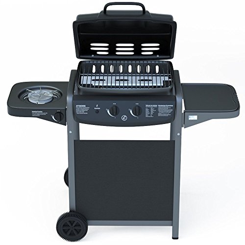 EGLEMTEK Barbecue A Gas Con Termometro Grill BBQ Portatile Con Fornello Laterale Ruote Acciaio Compatto Per Giardino Campeggio E Outdoor Alimentazione GPL Butano Propano Con Piano Appoggio Nero