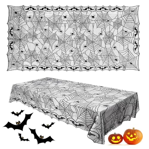 XIMEY Tovaglia di Halloween, Nera Ragnatela Pizzo Tovaglia Halloween Rettangolare in Pizzo, Stoffa Halloween Decorazioni Tavola (Ragno)