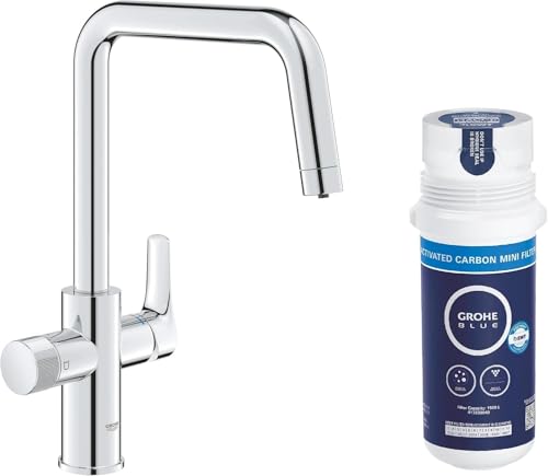 GROHE Blue Pure Start Starter Kit con Rubinetto Filtro Acqua, Bocca U, Bocca Girevole 150&deg;, Filtro Carboni Attivi 3000 L, Attacco 3/8", Cromo, 30596000