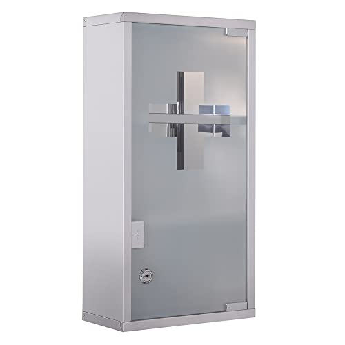 HOMCOM Armadietto Porta Medicinali, Pronto Soccorso Cassetta Medicine in Acciaio Porta in Vetro e 2 Chiavi 48x25cm