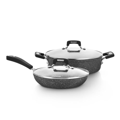 KASANOVA Batteria pentole 4 pezzi New Petra Dark, Set pentole e padelle induzione e forno fino a 180°C, Set antiaderente con padella, casseruola e coperchi vetro