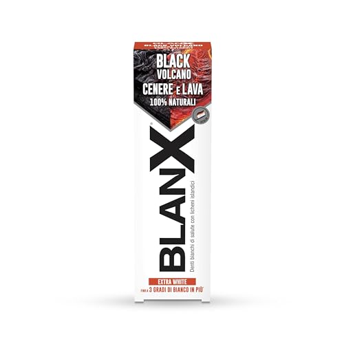 BlanX, Dentifricio Black Volcano, Dentifricio Sbiancante Extra White, Fino a 3 Gradi di Bianco in Pi&ugrave;, Con Licheni Islandici, Cenere e Lava Vulcanica 100% Naturali, Aroma Extra Fresco, 75ml
