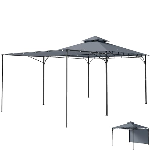 Outsunny Gazebo da Giardino 3.2x3.2 m con Tetto Estensibile, Gazebo da Esterno con Doppio Tetto Ventilato, Fori di Drenaggio in Metallo, per Giardino Balcone Feste Patio, UV30+, Grigio Scuro