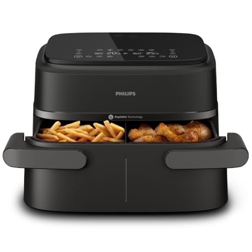 Philips Airfryer Serie 1000, Friggitrice ad aria con singolo/doppio cestello flexi da 7.1L e separatore, doppia resistenza e termostasti separati, RapidAir, 10 modalit&agrave;, compatto, HomeID (NA154/00)
