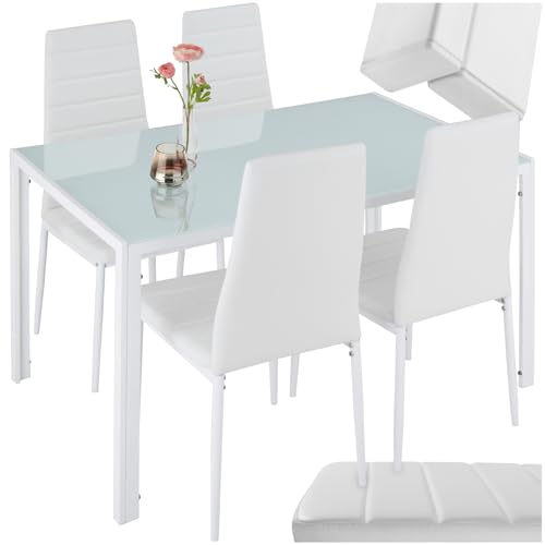 tectake&reg; Set di Mobili per Sala da Pranzo, 4 Sedie in Similpelle Resistente, Tavolo con Piano in Vetro, Design Moderno, Piedini SalvaPavimento, Ideale per Cucina e Soggiorno - Bianco