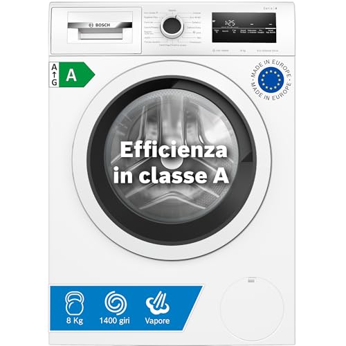 Bosch WAN28208II Serie 4 Lavatrice a carica frontale, 8 kg, 1400 giri, Classe energetica A, motore inverter con 10 anni di garanzia, riduce le pieghe e facilita la stiratura, Bianco, 60 Cm