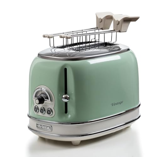 Ariete Tostapane Vintage 2 Fette 155, Tostiera con 6 Livelli di Tostatura, Espulsione Automatica, Funzione Defrost, Vassoio Raccoglibriciole Estraibile, Corpo in Acciaio Inox, 810W, Verde