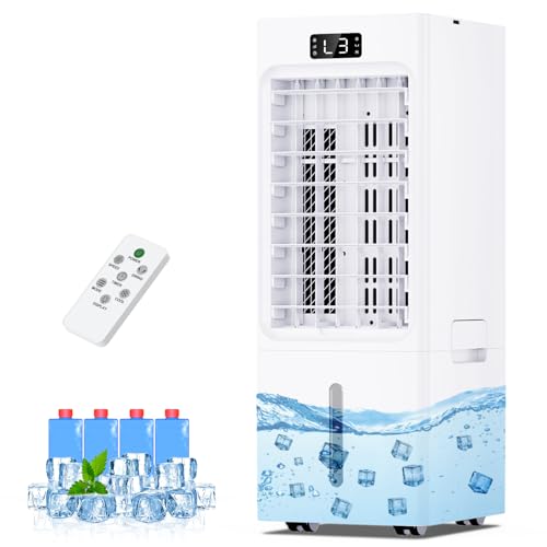 Condizionatore Portatile, 3 in 1 Raffrescatore Evaporativo, 6L Raffrescatore d'aria, 3 Velocit&agrave; 4 Modalit&agrave;, 4 Impacchi di Ghiaccio, Timer 1-12 ore, Telecomando, Silenzioso per Casa Ufficio