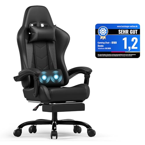 Devoko Sedia da Gaming Massaggiante con Poggiapiedi Telescopico, Sedia Gamer con Cuscino Lombare & Poggiatesta, Ergonomico Sedie da Ufficio Schienale Regolabile 90-135&deg;, Portata 150 kg (Nero)
