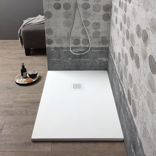 Kiamami Valentina - Piatto Doccia 90x70 cm Riducibile, Tagliabile su Misura, Antiscivolo e Antibatterico, Resina Bianco Effetto Pietra, Installazione Filo Pavimento o Appoggio, Copripiletta Inclusa