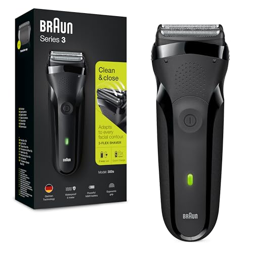 Braun Series 3 300 Rasoio da Barba Elettrico da Uomo con 3 Lame Flessibili, Ricaricabile e Senza Fili, Rasoio Elettrico a Lamina Lavabile, Nero