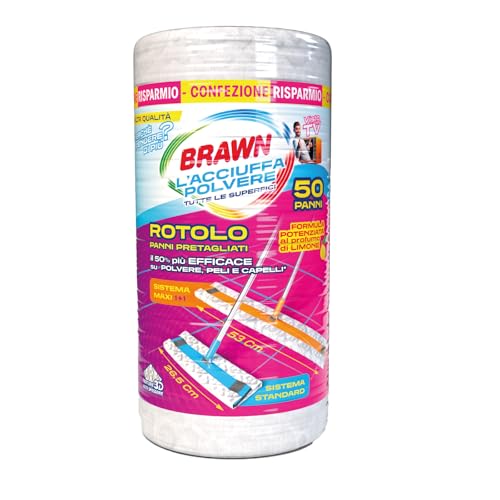 Brawn Acciuffapolvere HQ Rotolo con Panni Pretagliati per Scope Standard e Scope Maxi, Tessuto in Texture 3D ad Alto Spessore con Maggiore Potere Elettrostatico, Rotolo da 50 Panni Pretagliati