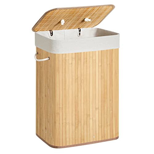 SONGMICS Cesta Portabiancheria con Coperchio, 72 L, Cesto Porta Biancheria in Bamb? Pieghevole, Sacco Rimovibile e Lavabile in Lavatrice, Maniglie, Lavanderia Camera, Naturale LCB10Y