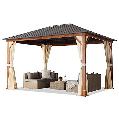 TOOLPORT Gazebo da Giardino 3x4 m Look Legno, Tetto Hardtop in Acciaio, 4 Teli Laterali Color Crema