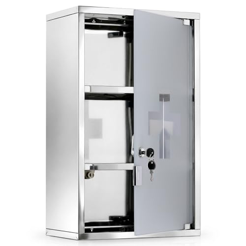 HOMCOM Armadietto medicinali 50x30x18cm Cassetta mobile bagno primo soccorso in acciaio inox con serratura