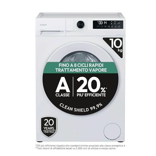 Candy ProWash 300 Lavatrice 10 Kg, 1400 Giri, Classe A -20% Più Efficiente, Vapore, Programmi Rapidi 14-59 Min, Motore Inverter BPM, 85 x 59,5 x 60,1 cm (A x L x P), Bianca, GD 4108-S