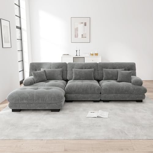 Rvjiahe Divano angolare modulare lussuoso - Divano cloud a forma di L oversize per soggiorno, divano letto profondo con ottoman, cord (grigio+sedile)