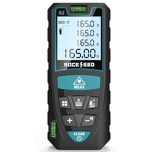Metro laser 50M,RockSeed Distanziometro Laser Digitale con 2 Livelle a Bolla,Telemetro Laser Portatile con unit&agrave; M/in/Ft Commutazione LCD Retroilluminato e Misurazione Distanza/Area/Volume/Pitagorico