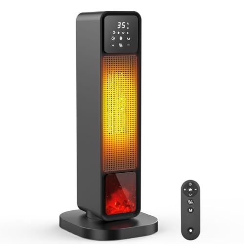 Stufa Elettrica Basso Consumo, 2200W Termoventilatore Elettrico a Torre PTC, Stufa Elettrica con Telecomando, Effetto Camino, Timer 12H, Oscillazione 70&deg; e Doppia Protezione, per Uso Interno