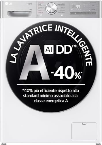LG AI DD F4R9009TPWC Lavatrice 9kg Classe A -40%, Carica Frontale Serie R9, 1400 Giri, AI Wash, TurboWash 360, Lavaggio a Vapore con Antipiega, Wi-Fi, Libera Installazione, Bianca