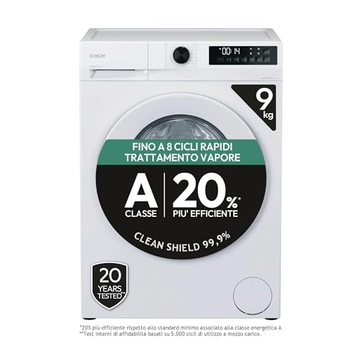 Candy ProWash 300 Lavatrice 9 Kg, 1400 Giri, Classe A -20% Pi&ugrave; Efficiente, Vapore, Programmi Rapidi 14-59 Min, Motore Inverter BPM, 85 x 59,5 x 60,1 cm (A x L x P), Bianca, GD 498-S