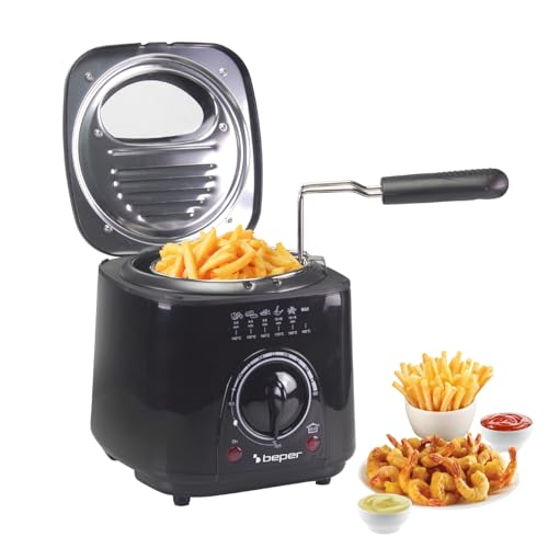 BEPER P101FRI100 Friggitrice elettrica 1L, 850-950W,Cestello in acciaio removibile, Coperchio con obl&ograve;, Filtro rimovibile lavabile, Temperatura regolabile, Piedini antiscivolo, Nero