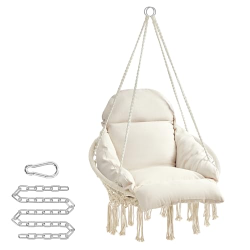 SONGMICS Sedia Altalena, Sedia Amaca, Cuscino Ben Imbottito, Sedia Sospesa Boho, Camera da Letto Balcone Giardino Soggiorno, Regge 120 kg, Accessori Inclusi, Bianco Crema GDC042M01