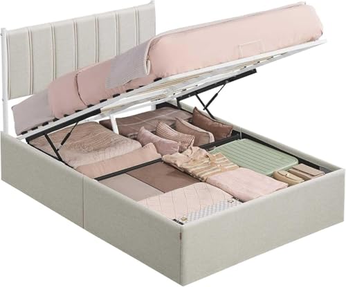 VASAGLE Struttura Letto, 160 x 200 cm, Letto Sollevabile con Contenitore, Testiera, Sollevamento Idraulico, Moderno e Semplice, Montaggio Facile, Beige Cappuccino RMB615LH01