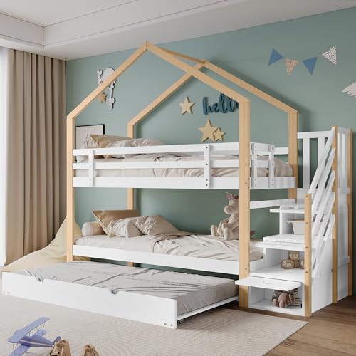 Rtopsu Letto per Bambini a Castello 90x200 cm con Letto Estraibile, Letto a Soppalco per Ragazzi con Scale e Contenitore Cassetti, Rete a Doghe in Legno, Bianco, Senza Materasso