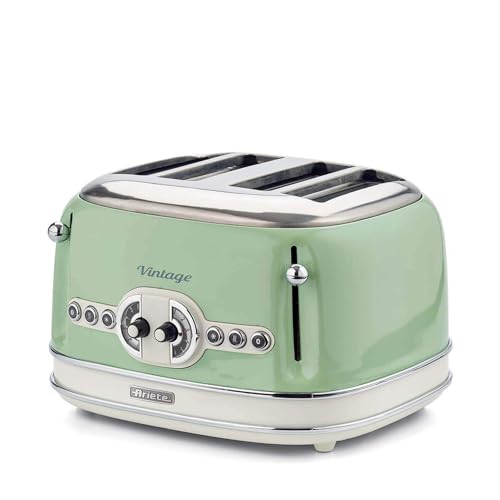 Ariete Tostapane Vintage 4 Fette 156, Tostiera con 6 Livelli di Tostatura, Espulsione Automatica, Funzione Defrost, Vassoio Raccoglibriciole Estraibile, Corpo in Acciaio Inox, 1600W, Verde