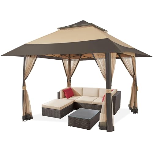 Yaheetech Gazebo da Giardino Esterno 4 x 4 m Padiglione da Giardino con Zanzariera Struttura in Metallo Doppio Tetto con Stabili Stoffa Kaki Tubo di Terrazzo Antipioggia Antisole