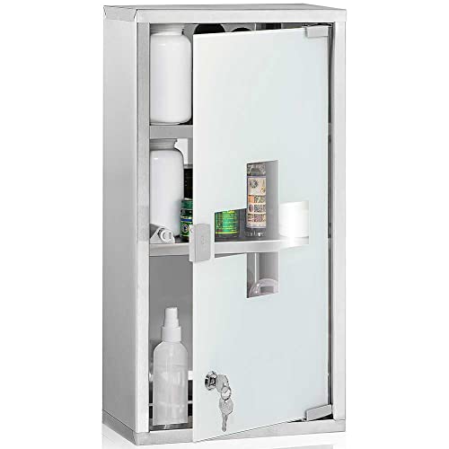 BAKAJI Armadio Armadietto Porta Medicinali Mobiletto a Parete Primo Soccorso in Acciaio Inox e Vetro Satinato Colore Silver Con Doppia Chiave di Sicurezza a Chiusura Magnetica (50.5x30x18 cm)