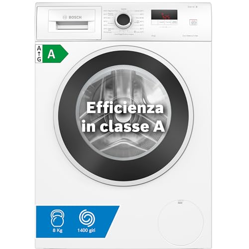 Bosch WGE03200IT Serie 2 Lavatrice a carica frontale, 8 kg, 1200 giri, Classe energetica A, motore inverter con 10 anni di garanzia, Lavaggio igienico anche a 40 &deg;C, Bianco, 60 Cm