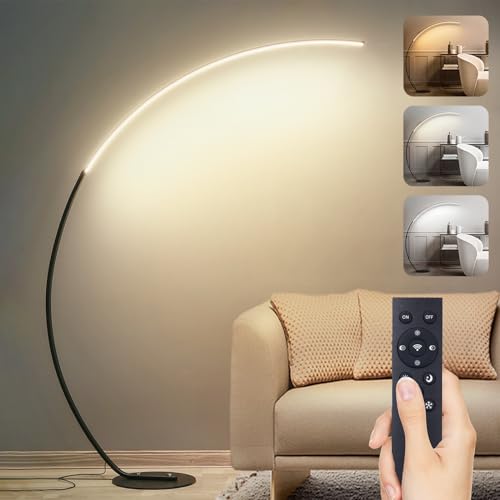 Lampada da Terra ad Arco LED, 25W Dimmerabile Piantana Salotto con Telecomando Magnetico, 2000Lm, Funzione Memoria, Lampada da Lettura Moderna per Soggiorno, Camera da Letto, Ufficio, Nero 165cm