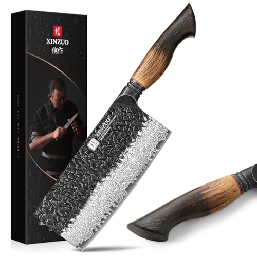 XINZUO Acciaio Damasco Mannaia da Cucina 18,5cm Coltello da Cuoco Cinese -Professionale Finitura Martellata Mannaia per Carne e Verdure Multifunzione Coltello da Cucina -Manico in Rovere Bianco