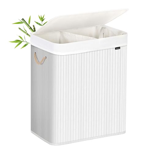 SONGMICS Cesto Portabiancheria, 100 L, Cesta Biancheria a 2 Scomparti in Bamb&ugrave;, Coperchio, Maniglie, Pieghevole, Sacco Rimovibile e Lavabile in Lavatrice, Lavanderia, Casa, Bagno, Bianco LCB64WT