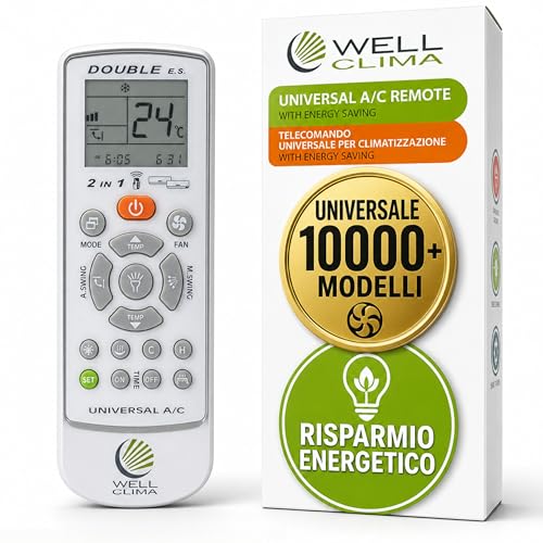 Wellclima Double E.S Telecomando Universale per Condizionatori Climatizzatori, Progettazione Italiana, Compatibile con 10000+ Modelli e 500+ Marche, Risparmio Energetico Anti Spreco, 2 in 1 Due Split