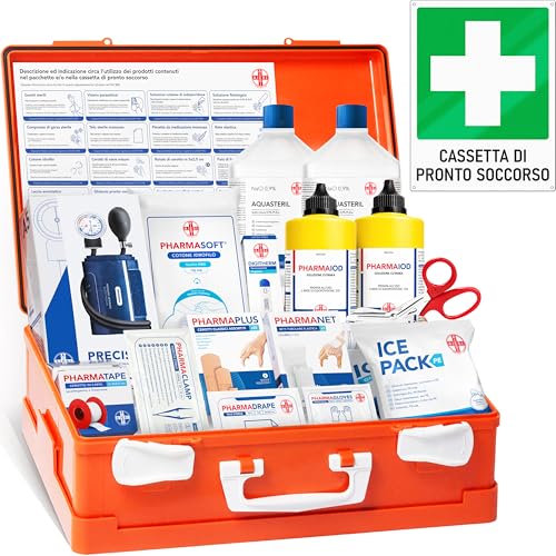 AIESI&reg; Cassetta medica di pronto soccorso ALLEGATO 1 CON SFIGMOMANOMETRO per aziende pi&ugrave; 3 dipendenti, Cartello segnaletico in alluminio, Conforme DM388/DL81, Made in Italy