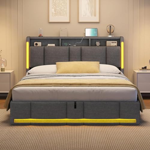 AOGLLATI Letto 160x200 cm con Sollevamento Idraulico, Letto Contenitore Matrimoniale con Illuminazione a LED e Stazione di Ricarica, Struttura Letto Matrimoniale con Testiera Imbottita, Grigio Scuro