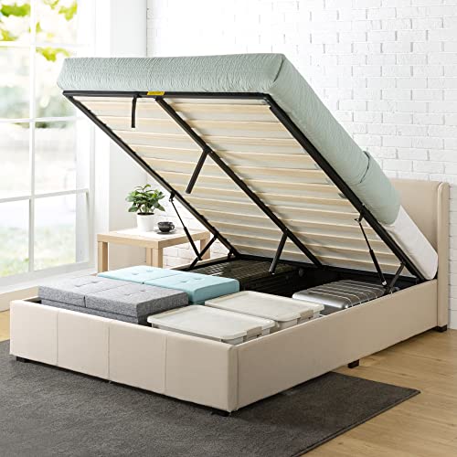 Zinus Maddon Letto Matrimoniale con Contenitore e Testiera Imbottito - Altezza 31 cm - Struttura Letto 160x190 cm con Rete a Doghe in Legno e Sollevamento a Gas - Beige