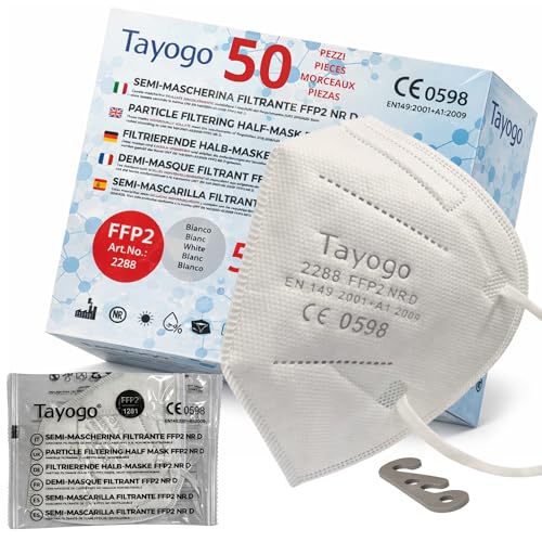 Tayogo 50 Mascherine FFP2 Bianche Certificate CE 0598 &ndash; 5 Strati, Filtrazione &ge; 99,5% &ndash; Anallergiche, Comode, Prive di Odore Mascherina Bianca Ultra Confortevole Confezionate Singolarmente + Gancetto