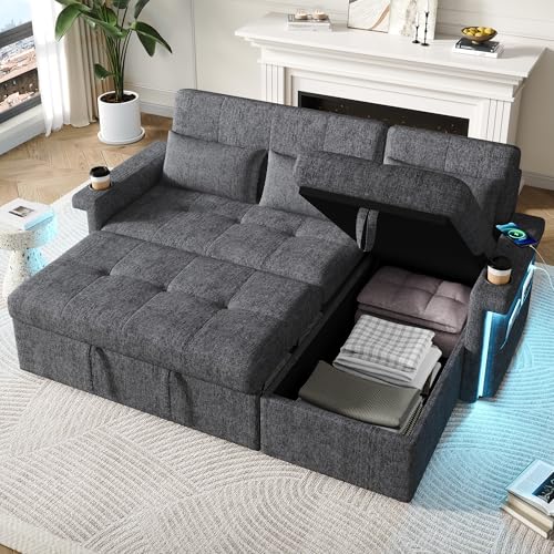 Cayipng Divano angolare-L,Divano letto 3 posti,divano 3 posti con funzione letto,divani angolari moderni convertibile con LED(app),USB,2 portabevande,3 cuscini,Schienale regolabile-3 angoli,Grigio