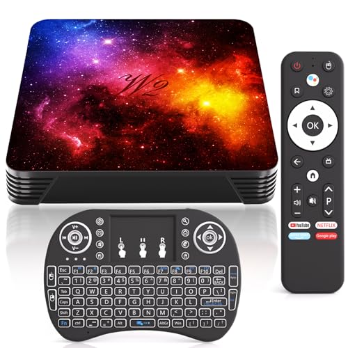 Android TV 14, 4 GB RAM 128 GB ROM Mali-G31, WiFi 2.4G & 5G, Bluetooth 4.2, 4K UHD 3D, porte USB & HDMI, mini tastiera e supporto IPTV