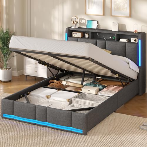 AOGLLATI Letto 140x190 cm con Sollevamento Idraulico, Letto Contenitore Matrimoniale con Illuminazione a LED e Stazione di Ricarica, Struttura Letto Matrimoniale con Testiera Imbottita, Grigio Scuro