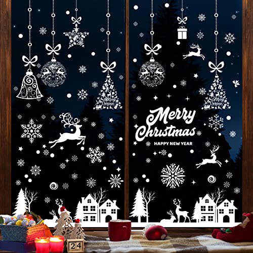 Vetrofanie Natalizie per Finestre, 192 Adesivi Natalizi Finestre Adesivi Natale Fiocchi di Neve Vetrofanie Removibili Alci Babbo Natale Decorazioni Casa