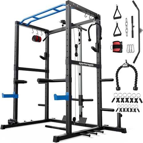 Sportsroyals Power Rack, gabbia multifunzione con sistema di puleggia LAT Pulldown, rack per squat con più accessori per allenamento per palestra domestica (blu), capacità di peso 544,3 kg