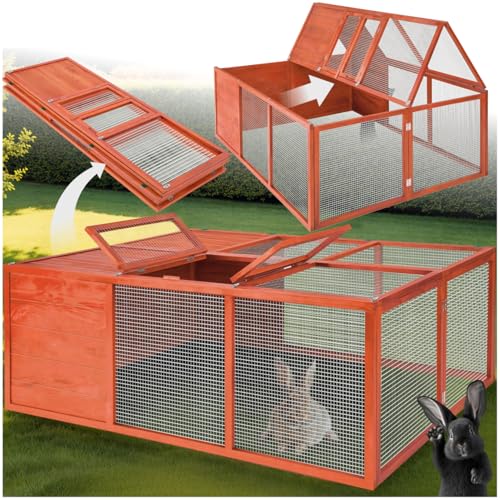 tectake&reg; Conigliera da esterno Pieghevole, Recinto per Conigli con Apertura Tetto Bloccabile, Struttura in Legno Verniciato, Rete Metallica, Casetta da Giardino, Gabbia per conigli - 150 x 103 x 53 cm