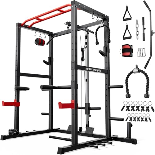 Sportsroyals Power Rack, gabbia multifunzione con sistema di puleggia LAT Pulldown, rack per squat con pi&ugrave; accessori per allenamento per palestra domestica (rosso), capacit&agrave; di peso 544,3 kg